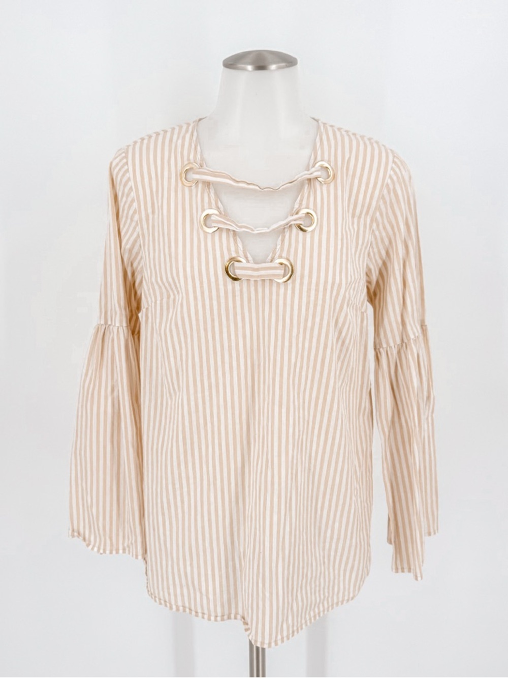 Michael Kors Cream & Beige Striped Lace-Up Bell Sleeve Top